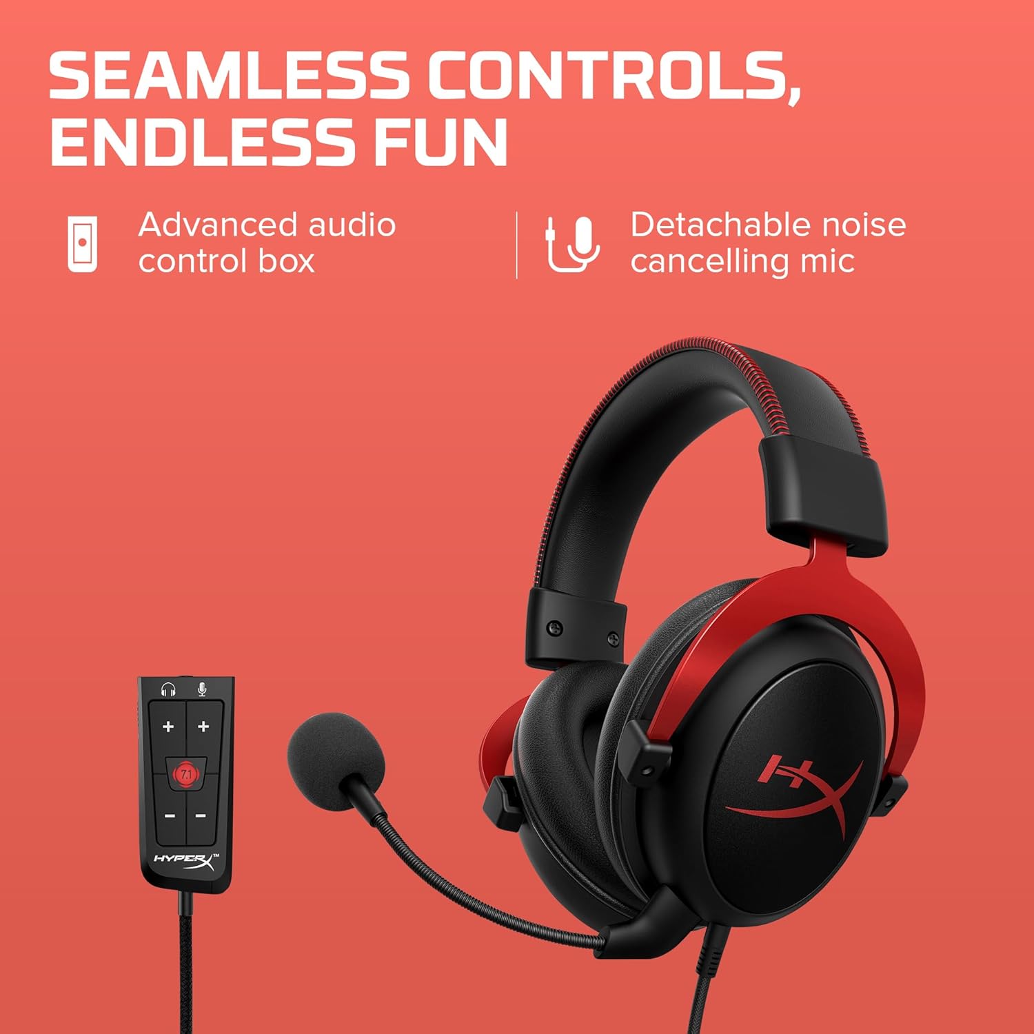 HyperX Cloud II – Wired Gaming Headset for PC, PS5 / PS4. Active Noise Cancellation, Over Ear, circumaural, Closed Back, HyperX Virtual 7.1 Surround Sound - Black-Red (4P5M0AA) - Image 4