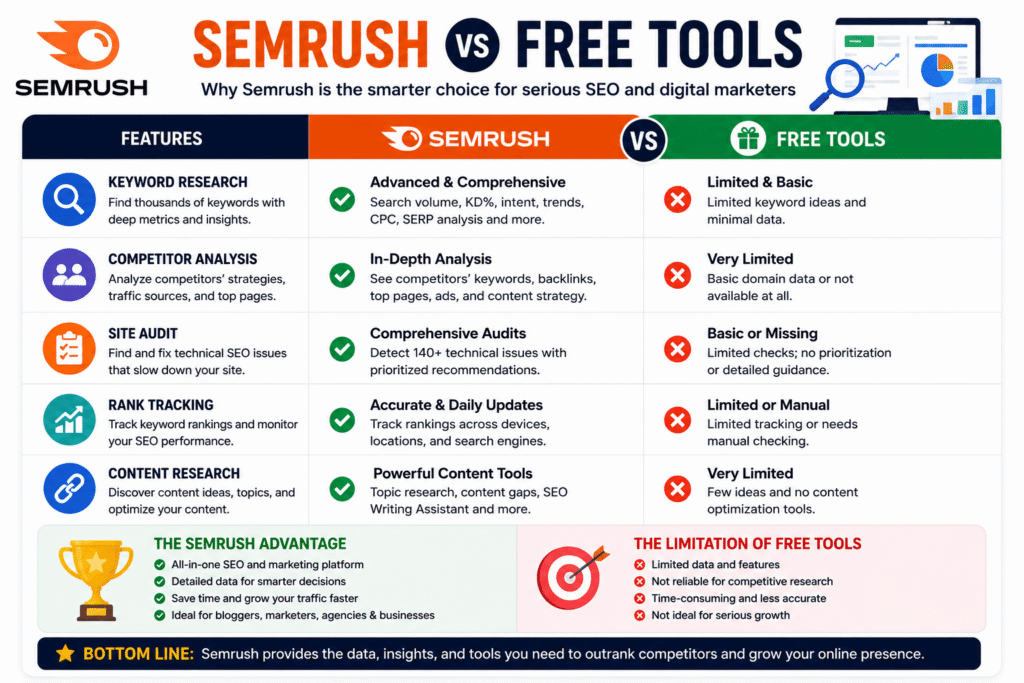 Semrush vs free SEO tools comparison
