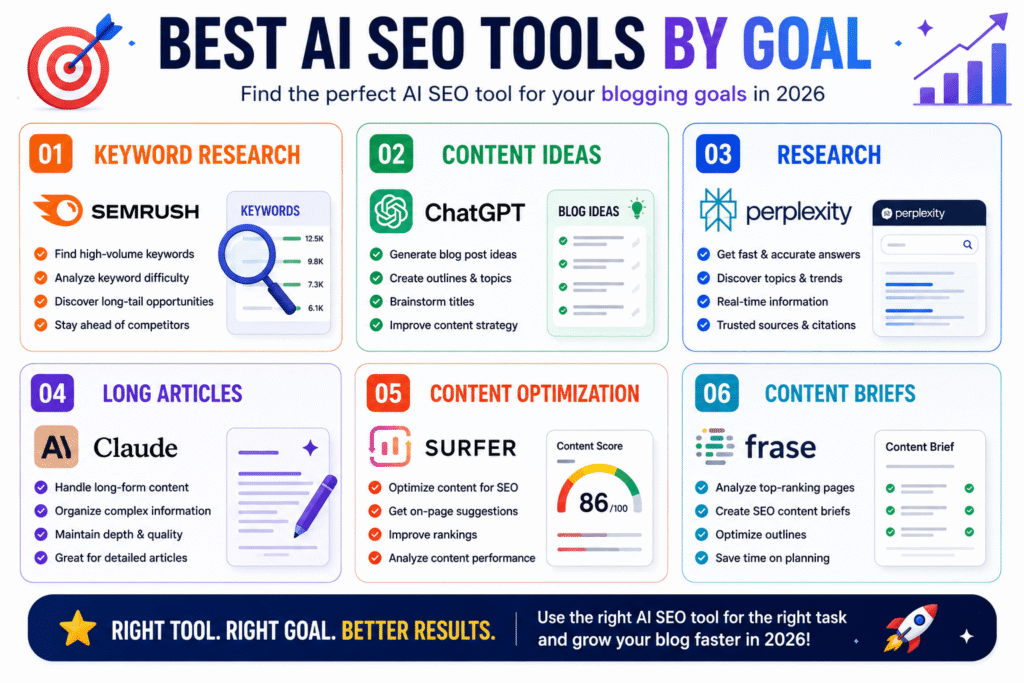 Best AI SEO tools by goal comparison chart