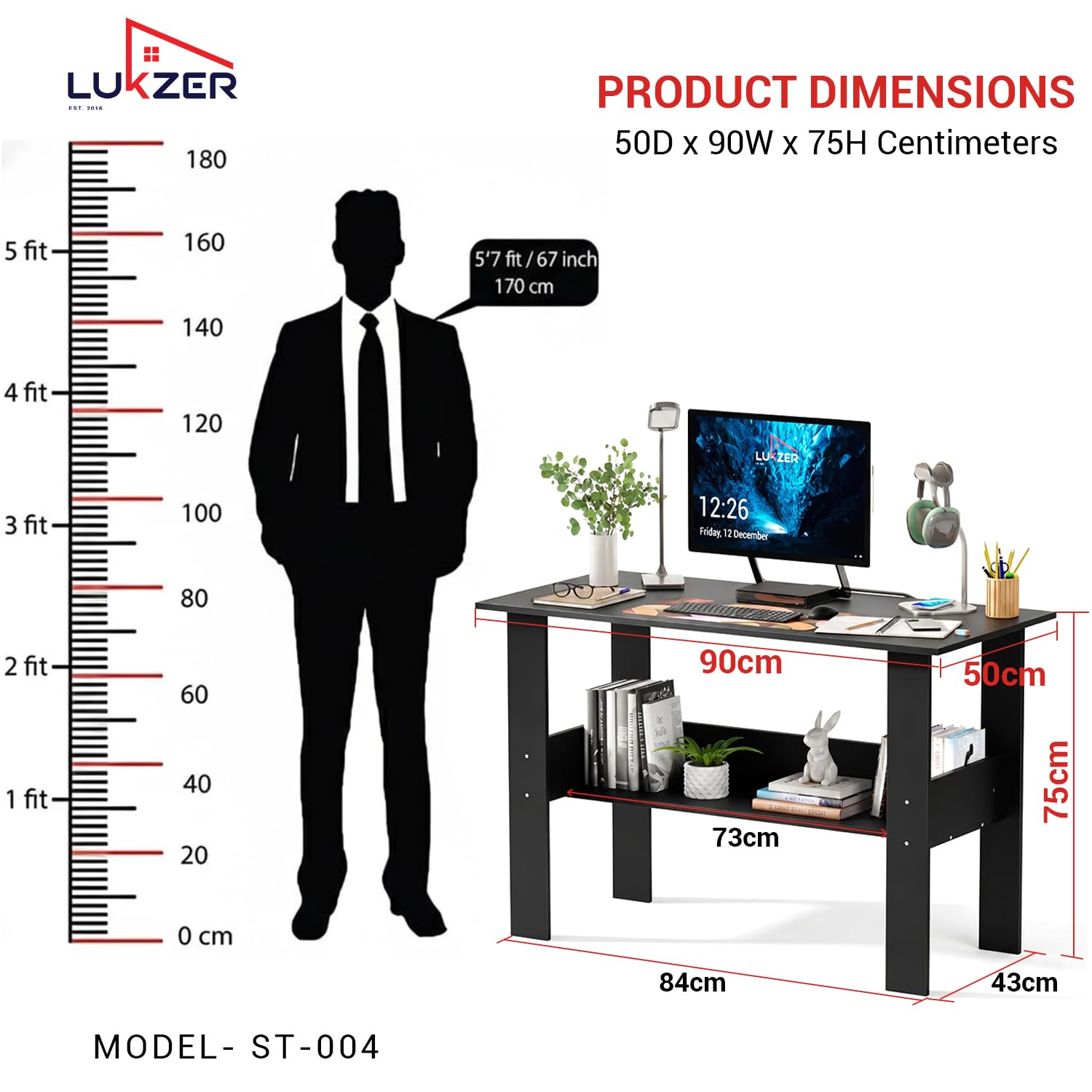 Lukzer Engineered Wood Computer Desk with One Tier Shelves Laptop Study Table for Office Home Workstation Writing Modern Desk (ST-004/ Black / 90 x 50 x 75 cm) - Image 2