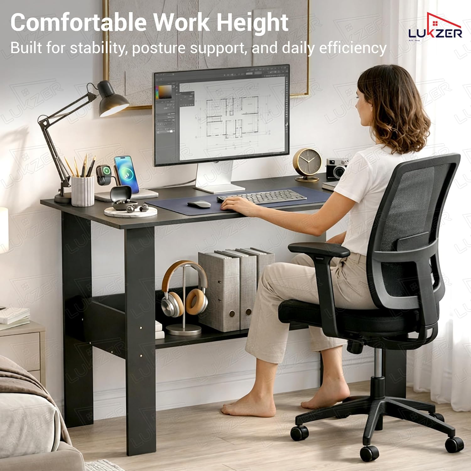 Lukzer Engineered Wood Computer Desk with One Tier Shelves Laptop Study Table for Office Home Workstation Writing Modern Desk (ST-004/ Black / 90 x 50 x 75 cm) - Image 3