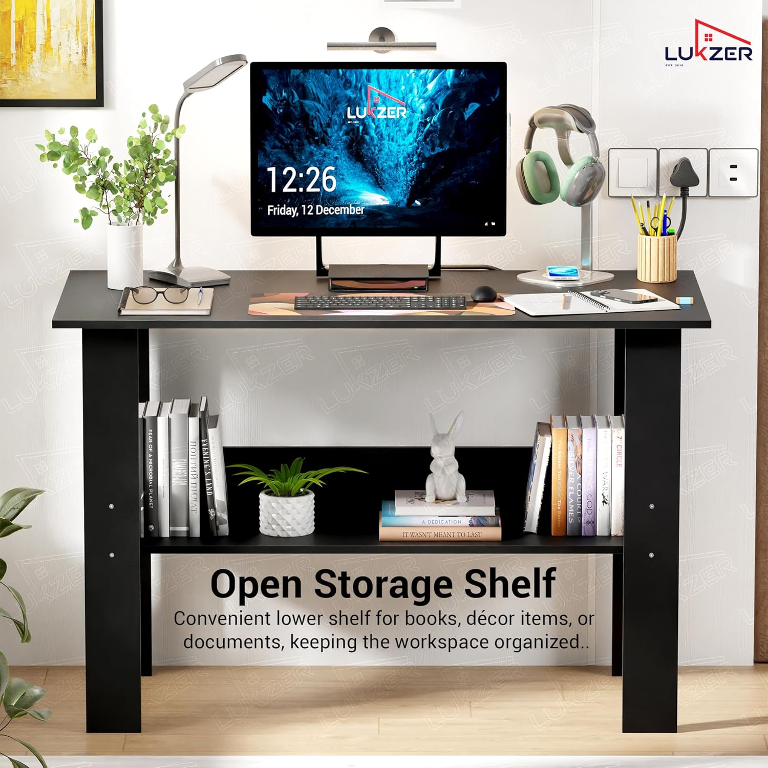 Lukzer Engineered Wood Computer Desk with One Tier Shelves Laptop Study Table for Office Home Workstation Writing Modern Desk (ST-004/ Black / 90 x 50 x 75 cm) - Image 4