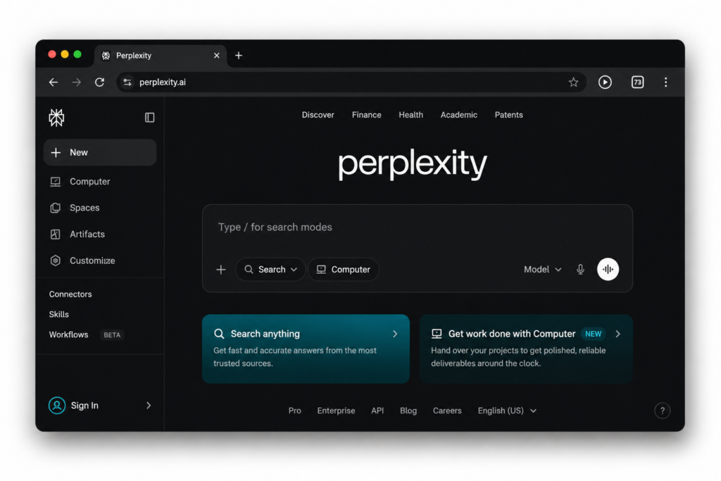 Perplexity AI homepage showing its AI search interface