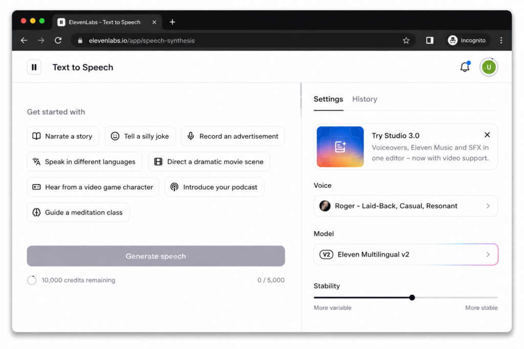 ElevenLabs text-to-speech interface