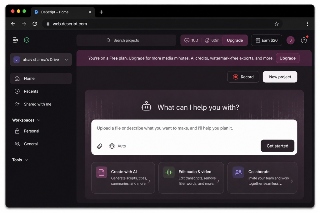 Descript dashboard for AI audio and video editing