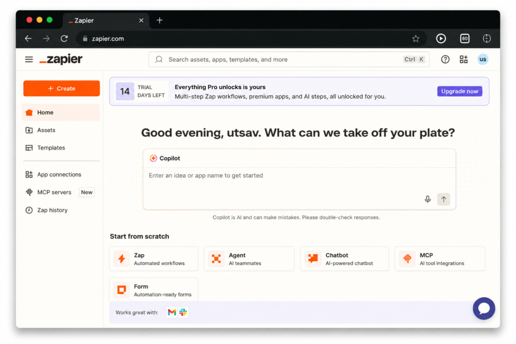 Zapier automation dashboard for workflow automation