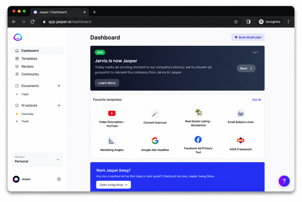 Jasper AI dashboard for marketing content creation