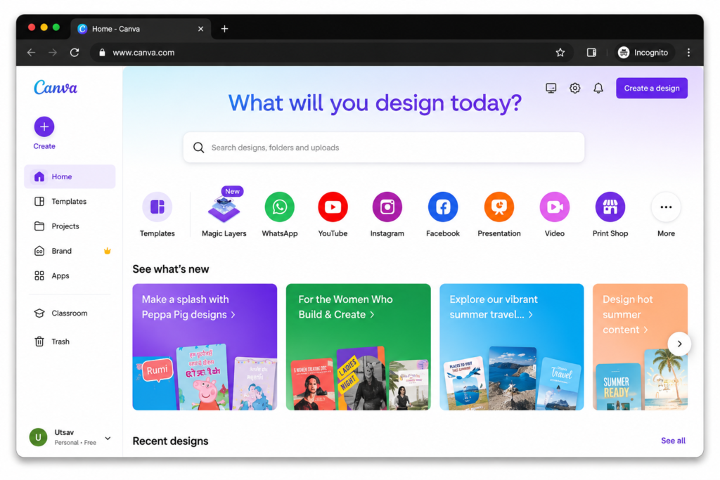 Canva homepage with AI design tools